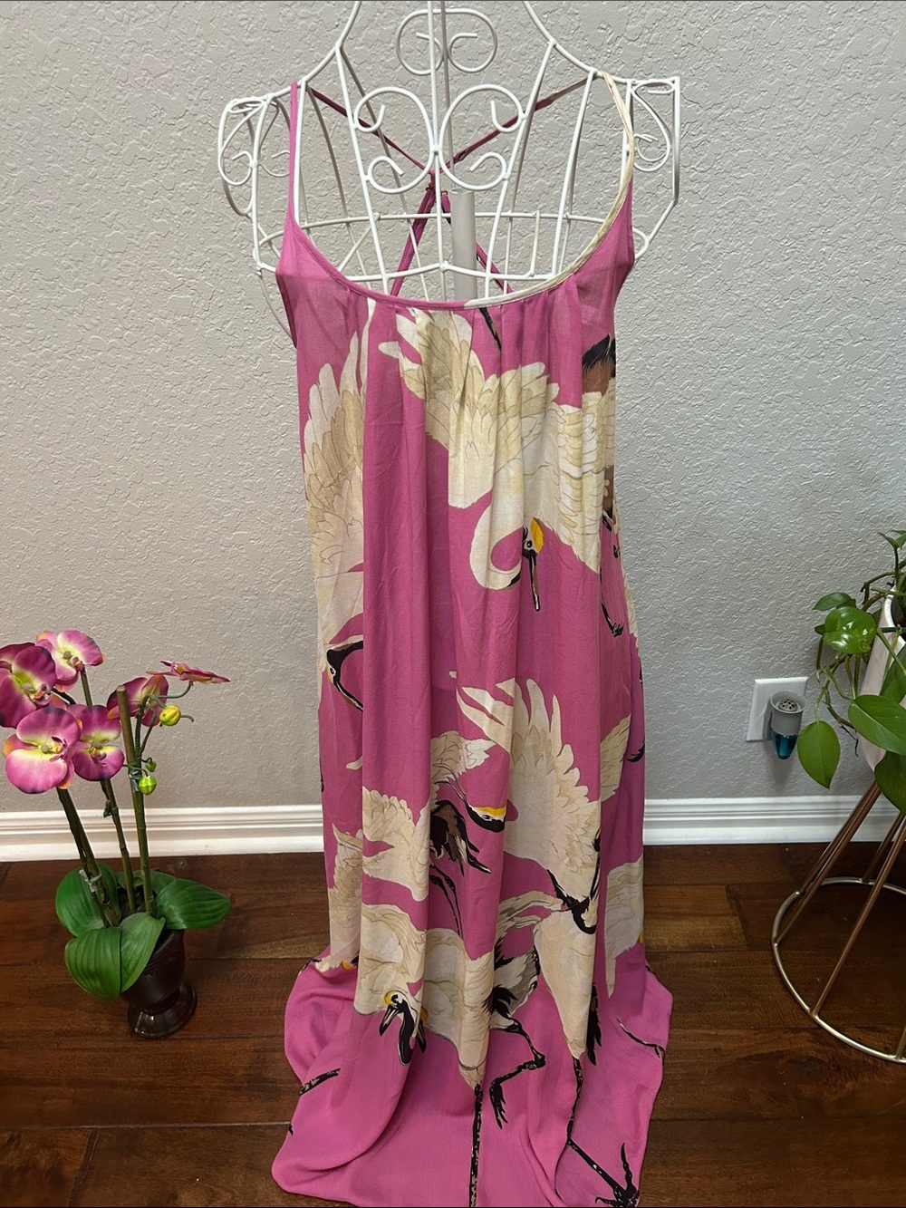 Pink Crane Print Slip Dress w/pockets 
By Aratta S